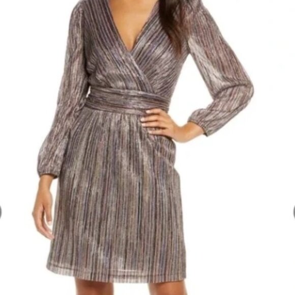 JULIA JORDAN Metallic Striped Long sleeve Midi Dress Size 8 NWT - Picture 1 of 12